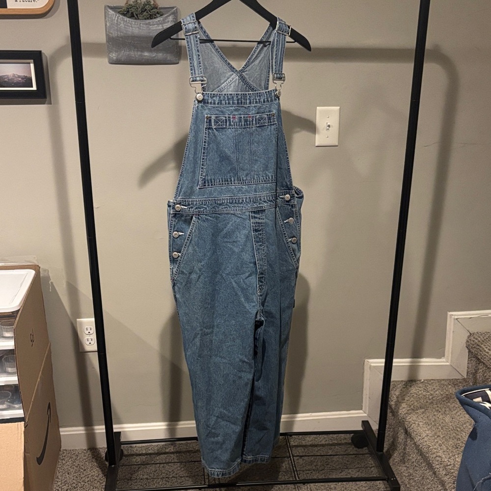 GAP Light Blue Denim Overalls with Red Stitching Accents